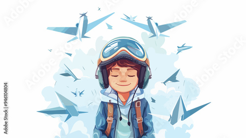 Young Child Wearing Pilot Helmet and Holding Paper Airplane