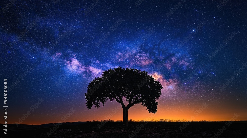 A lone tree's silhouette contrasts with the bright Milky Way, the night sky glowing with countless stars and celestial beauty A lone tree's silhouette contrasts with the bright Milky Way, the night sky glowing with countless stars and celestial beauty