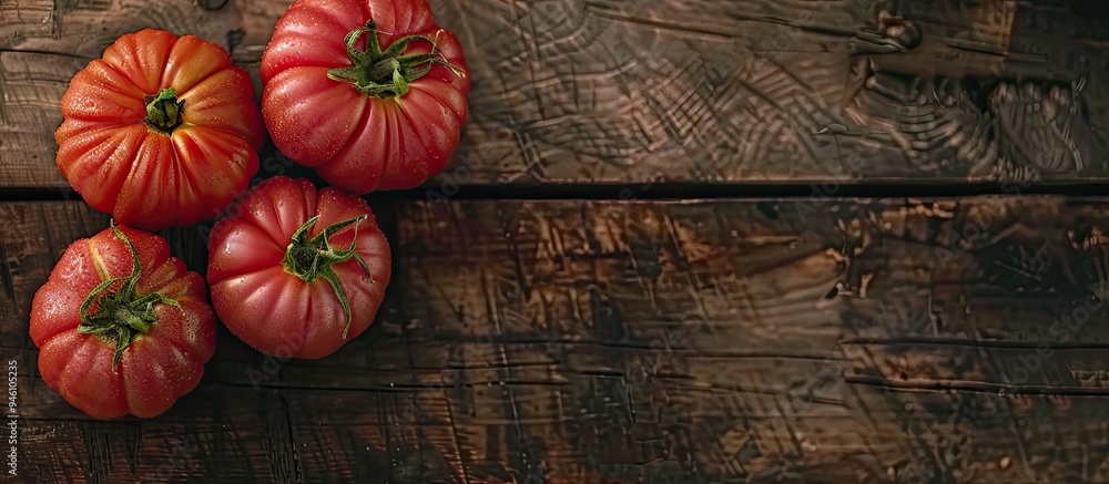 Raw ripe pink heirloom organic tomatoes on a wooden surface Vegetarian Vegan healthy diet culinary cooking idea Top View. Copy space image. Place for adding text and design Raw ripe pink heirloom organic tomatoes on a wooden surface Vegetarian Vegan healthy diet culinary cooking idea Top View. Copy space image. Place for adding text and design