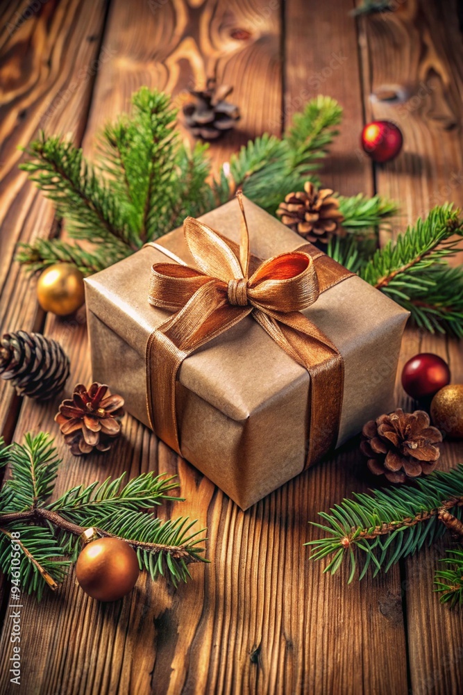 Minimalist brown Christmas gift box on a weathered wooden table Minimalist brown Christmas gift box on a weathered wooden table