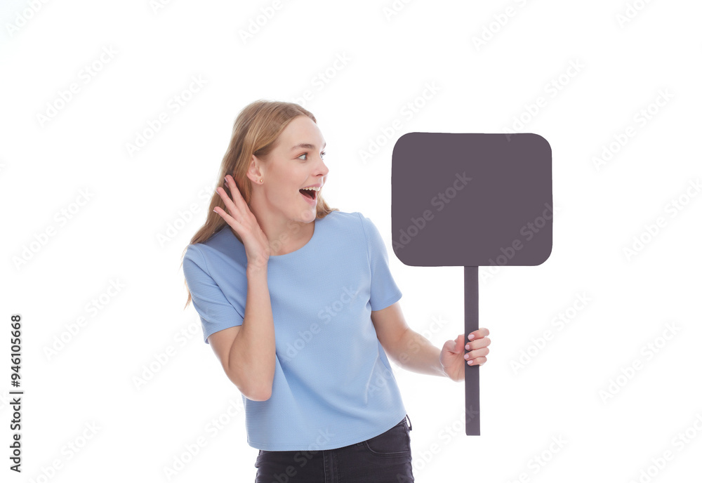 emotional woman showing empty signboard with copy space isolated on white emotional woman showing empty signboard with copy space isolated on white