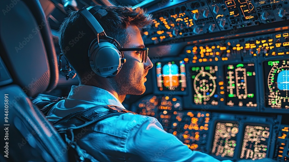 A pilot in the cockpit, focused on the flight instruments and controls. A pilot in the cockpit, focused on the flight instruments and controls.