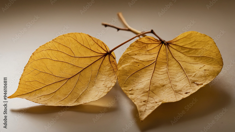 Obraz premium Close-up photography of yellow autumn leaves with detailed veins on a neutral gray background surface.