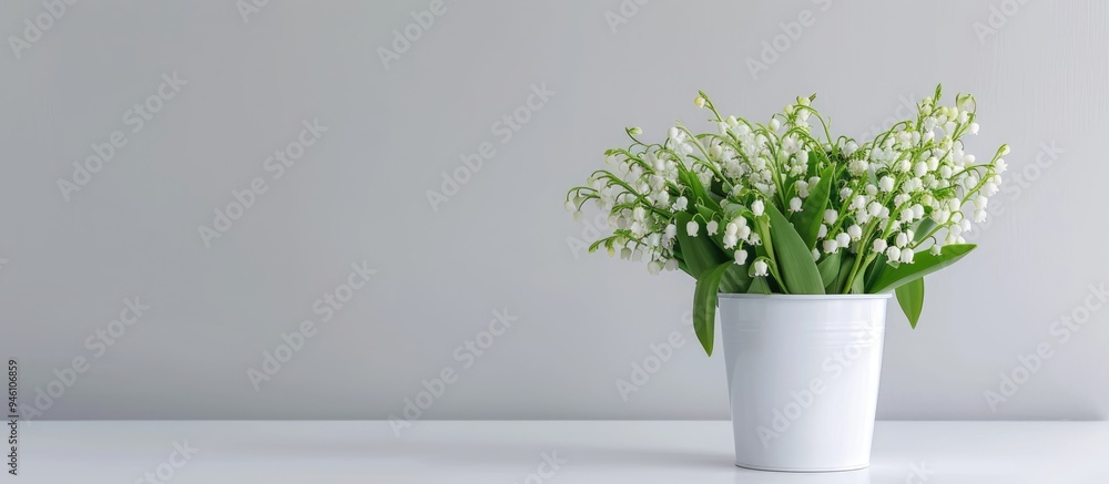 Bouquet of lilies of the valley in a white bucket on a white table with copy space Idea for a holiday background springtime at home Bouquet of lilies of the valley in a white bucket on a white table with copy space Idea for a holiday background springtime at home