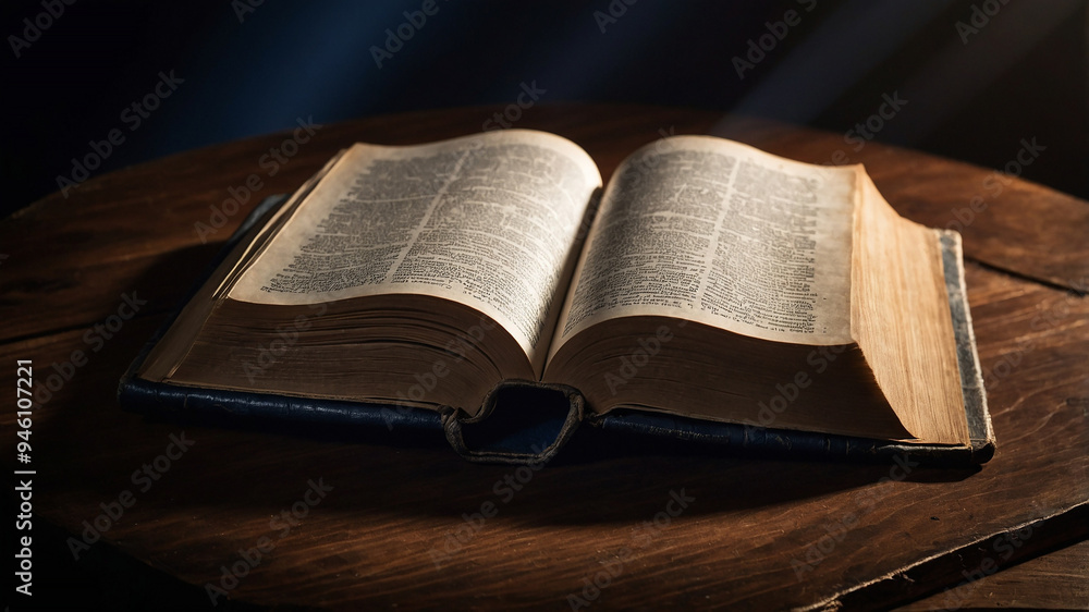 Open book on wooden table with light shining on pages, creating a warm, inviting ambiance for readers. Open book on wooden table with light shining on pages, creating a warm, inviting ambiance for readers.