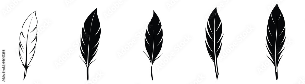 Set of Bird Feather. Feathers vector set in a flat style. Pen icon. Black quill feather silhouette. Plumelet collection isolated on white background vector EPS10 Set of Bird Feather. Feathers vector set in a flat style. Pen icon. Black quill feather silhouette. Plumelet collection isolated on white background vector EPS10