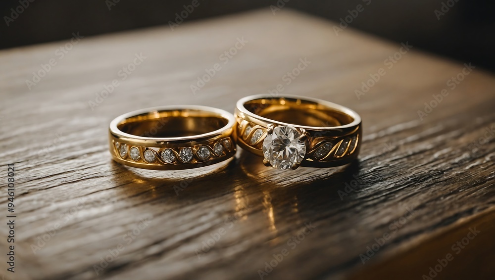 Gold wedding and engagement rings displayed together on a tabletop Gold wedding and engagement rings displayed together on a tabletop