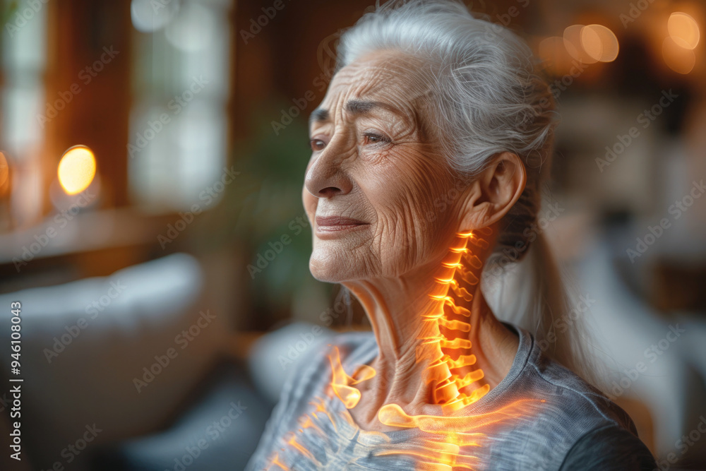 Digital composition of the highlighted spine of an elderly woman with back and neck pain, at home. Age-related problems with the skeletal system and joints. Digital composition of the highlighted spine of an elderly woman with back and neck pain, at home. Age-related problems with the skeletal system and joints.