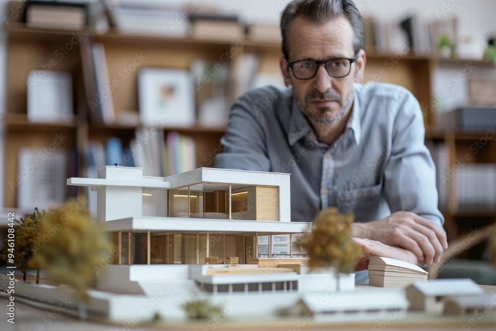 Cheerful architect engrossed in reading book next to modern house model in cozy wooden room. Intellectual environment with bookshelves and warm atmosphere. Cheerful architect engrossed in reading book next to modern house model in cozy wooden room. Intellectual environment with bookshelves and warm atmosphere.