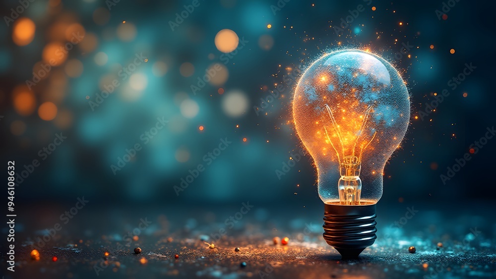 An illustration of a glowing lightbulb with sparks and glowing particles, symbolizing creativity and innovation An illustration of a glowing lightbulb with sparks and glowing particles, symbolizing creativity and innovation