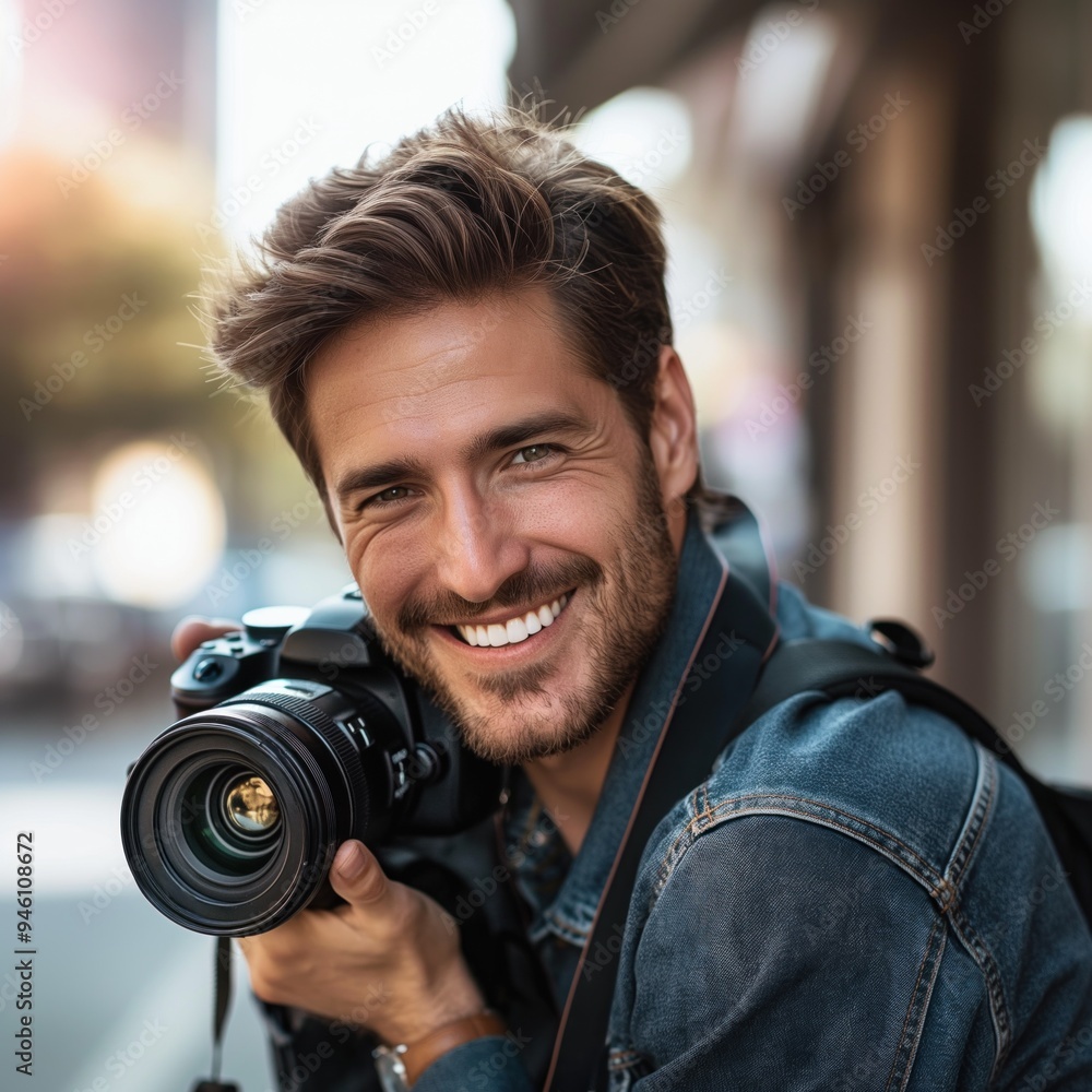 Vibrant blue denim jacket wearing photographer urban cityscape with towering buildings reflecting sunlight. Young man smiles directly at camera lens, black camera in hand. Street lamp adds depth to Vibrant blue denim jacket wearing photographer urban cityscape with towering buildings reflecting sunlight. Young man smiles directly at camera lens, black camera in hand. Street lamp adds depth to