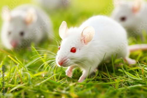 Banner mock up with three white albino laboratory mouse sitting in green grass. Cute little rodent muzzles close up, pet animal and veterinary concept.