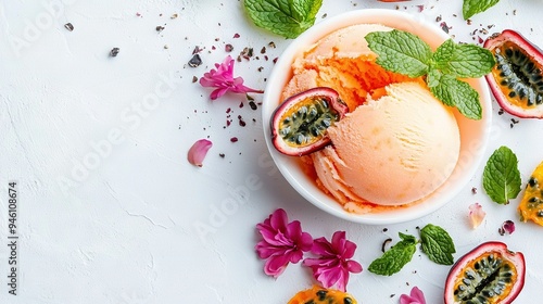   White bowl with ice cream surrounded by fruit pieces and greenery on white background