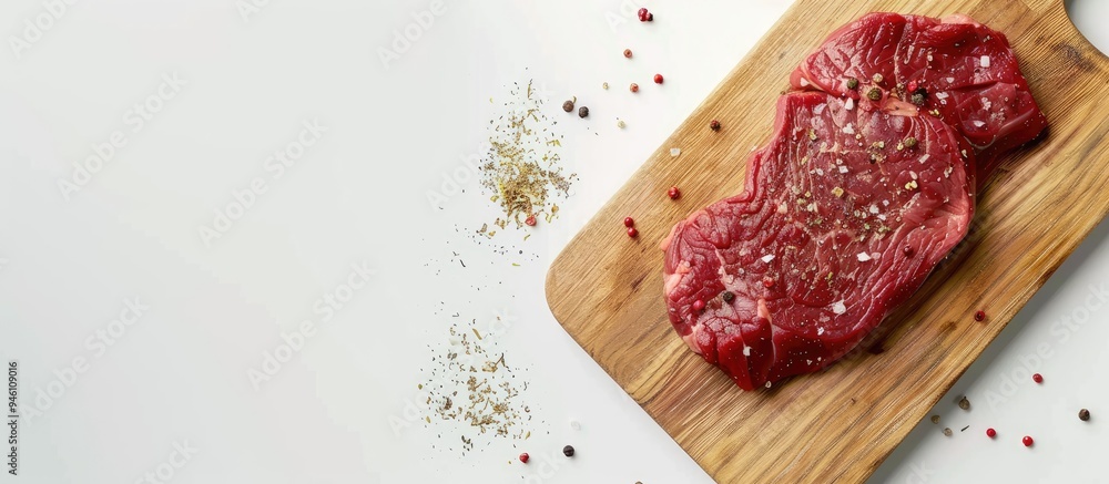 Raw beef steak seasoned with spices and ingredients for cooking on a wooden cutting board against a white background. Copy space image. Place for adding text and design Raw beef steak seasoned with spices and ingredients for cooking on a wooden cutting board against a white background. Copy space image. Place for adding text and design
