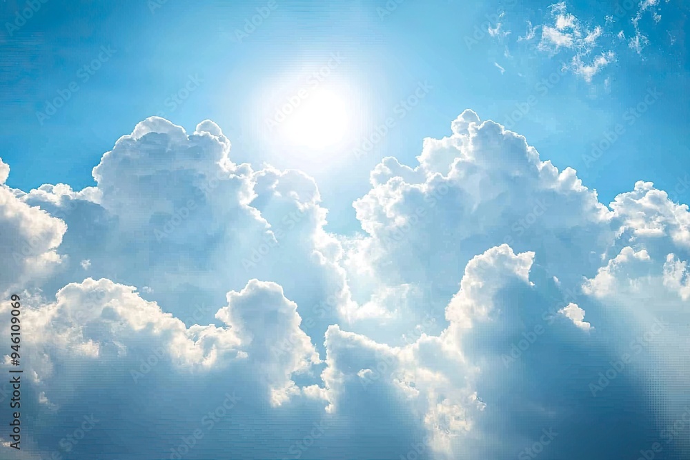 Sun shining through the puffy clouds. Sky view. Beautiful sunny sky. Background with clouds on blue sky. Clouds on blue sky , ai Sun shining through the puffy clouds. Sky view. Beautiful sunny sky. Background with clouds on blue sky. Clouds on blue sky , ai