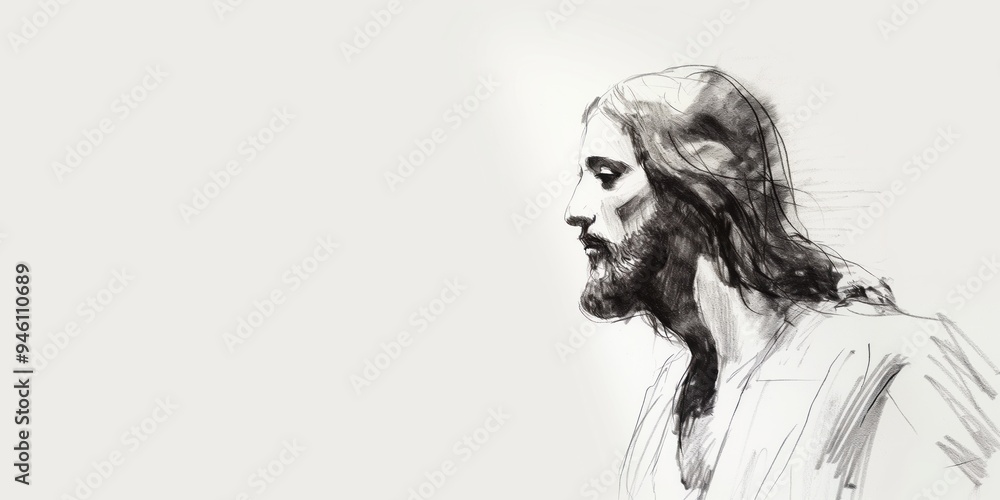 Fototapeta premium Illustration of Jesus Christ walking on white background. Simple yet powerful portrait of the Lord, Savior of humanity. Faith, hope, love radiate from His gentle face.