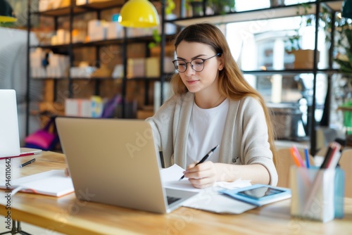 Young woman sits in office working on laptop as business owner notes of orders for dropshipping startup online sales. Pro occupation focused on e-business, shipping merchandise, preparing parcel,