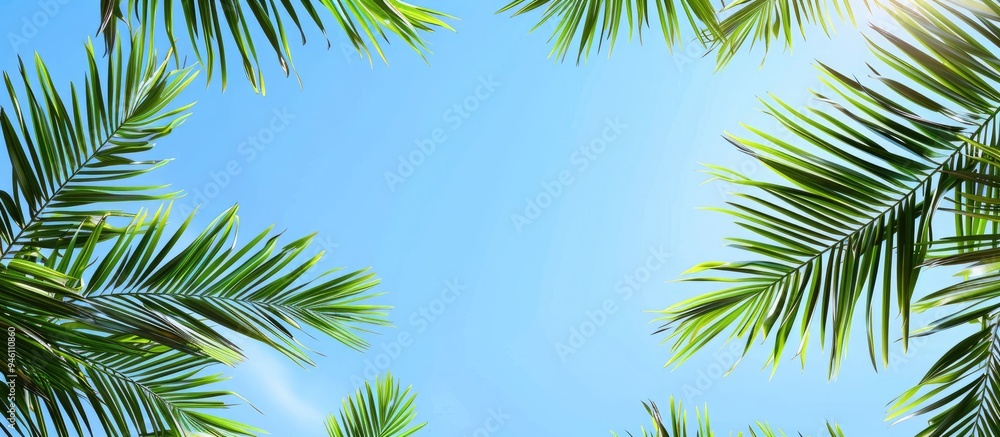Green palm branches against the blue sky Copyspace Area for text Green palm branches against the blue sky Copyspace Area for text