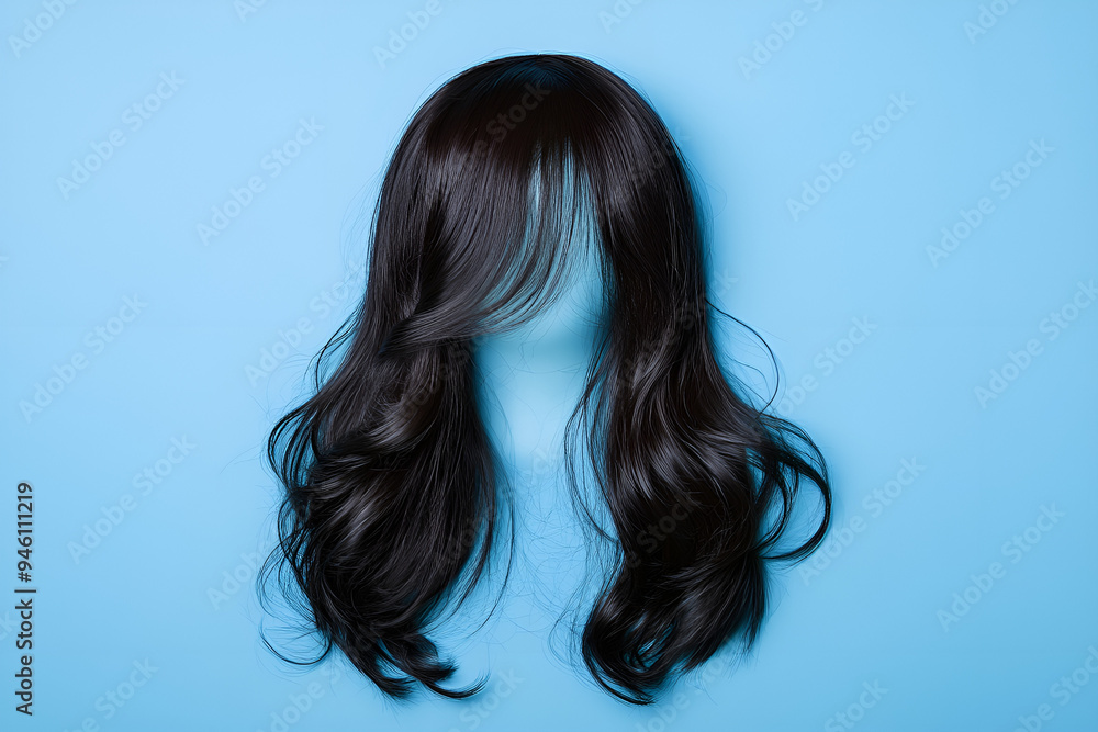 Obraz premium Stylish hair wig with trendy design with wavy curls displayed on a blue background.