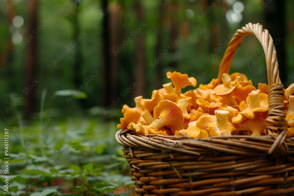 A basket of mushrooms in the autumn forest. Mushroom picking season. Forest harvest. Wildlife A basket of mushrooms in the autumn forest. Mushroom picking season. Forest harvest. Wildlife