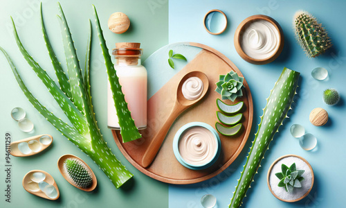 Aloe Vera, natürlich und vegan, Kosmetik-Herstellung, Aloe Vera ist ein sehr nützliches Kräuterheilmittel zur Hautbehandlung und zur Verwendung im Spa zur Hautpflege, natürlich, vegan photo