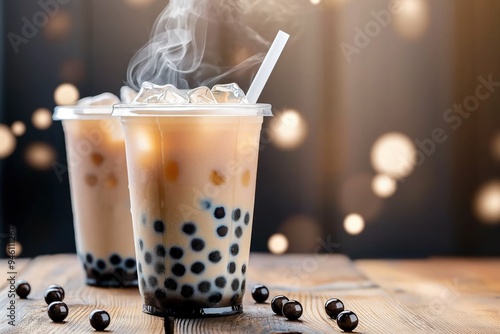 Milk tea with boba in a cup on wooden table. Blurred background of coffee shop or cafe with warm brown tones. Steaming hot drink with creamy foam and colorful bubble tea pearls.