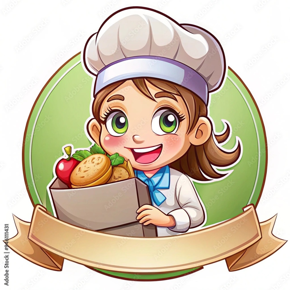 3D rendering of a happy cute girl chef holding a food box in a bag with a banner logo in cartoon art illustration 3D rendering of a happy cute girl chef holding a food box in a bag with a banner logo in cartoon art illustration