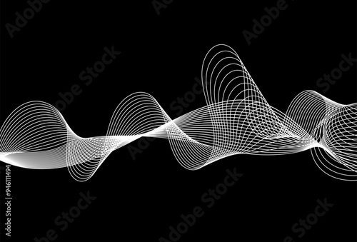 White Wave Lines Pattern On Black Background. Vector Illustration