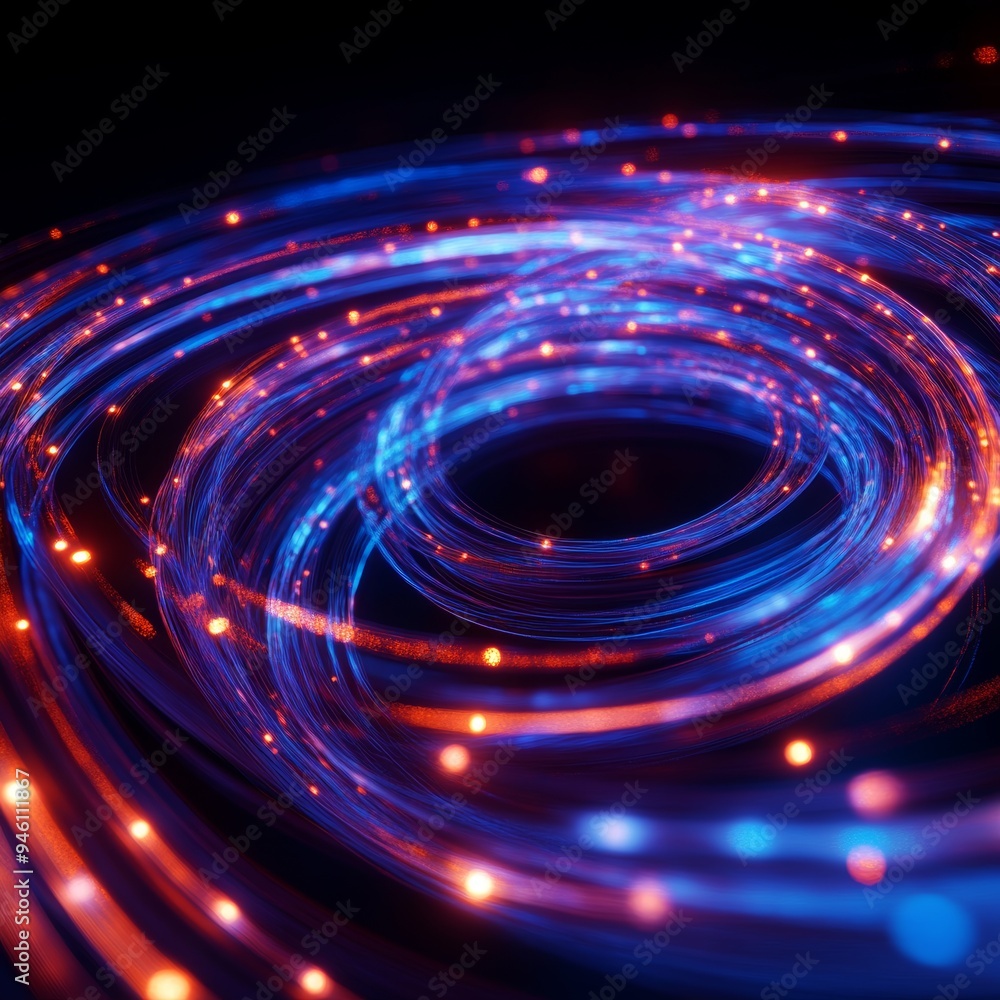 Obraz premium Glowing fiber optic strands swirling in abstract patterns, futuristic glowtime, high-tech and visually striking.