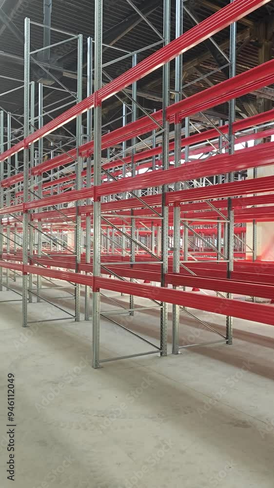 Logistics warehouse concept with empty high pallet racks, shelving system Logistics warehouse concept with empty high pallet racks, shelving system