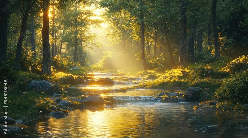 A serene forest stream, gentle flowing water surrounded by tall trees and lush greenery, small woodland creatures like rabbits and birds nearby, dappled sunlight through the leaves A serene forest stream, gentle flowing water surrounded by tall trees and lush greenery, small woodland creatures like rabbits and birds nearby, dappled sunlight through the leaves