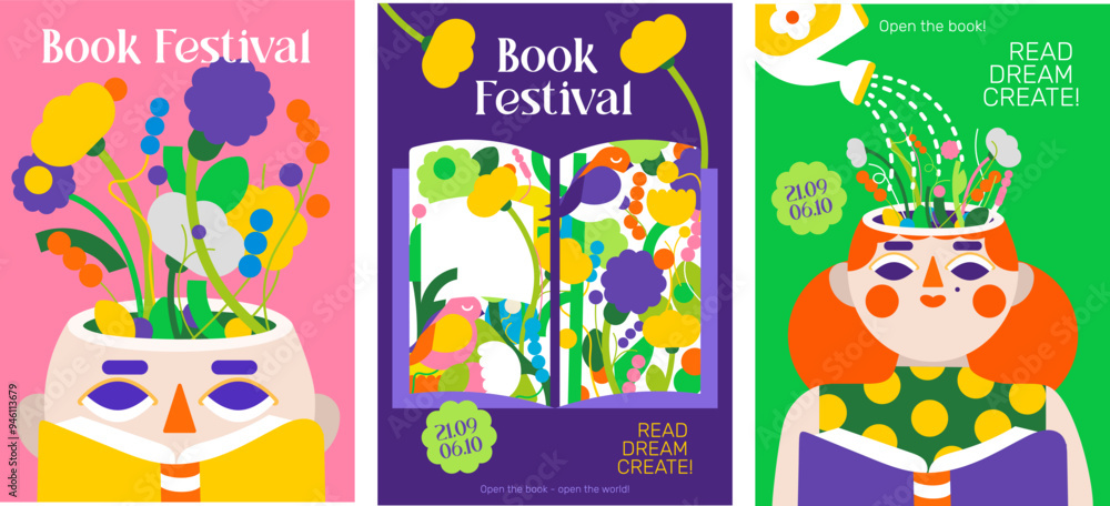 Colorful and bright posters of the book festival. Flowers symbolize knowledge and development. The design invites everyone to explore the limitless world of literature! Colorful and bright posters of the book festival. Flowers symbolize knowledge and development. The design invites everyone to explore the limitless world of literature!