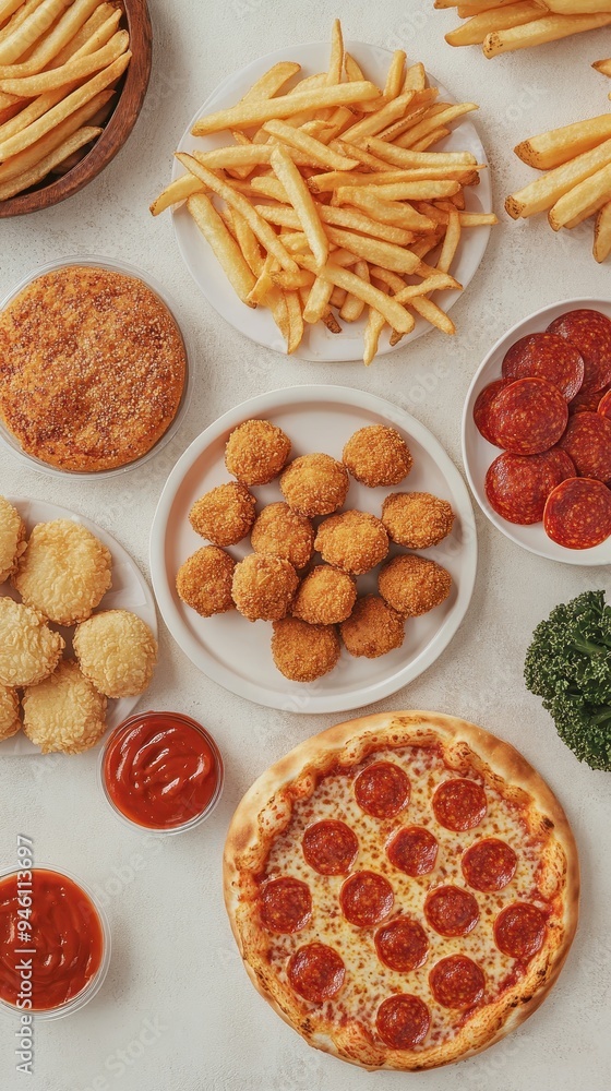 Several fast food items are arranged on a table, including pizza, fries, chicken nuggets, and various dipping sauces Several fast food items are arranged on a table, including pizza, fries, chicken nuggets, and various dipping sauces