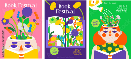 Colorful and bright posters of the book festival. Flowers symbolize knowledge and development. The design invites everyone to explore the limitless world of literature!