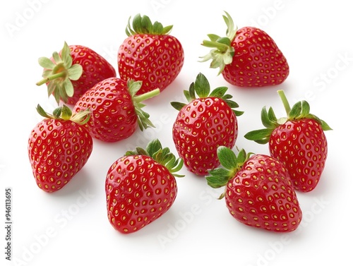 Close-up of ripe red strawberries in circular pattern on white background. Red juicy fruit cluster isolated on plain white. Fresh strawberries in one piece, no background distractions.