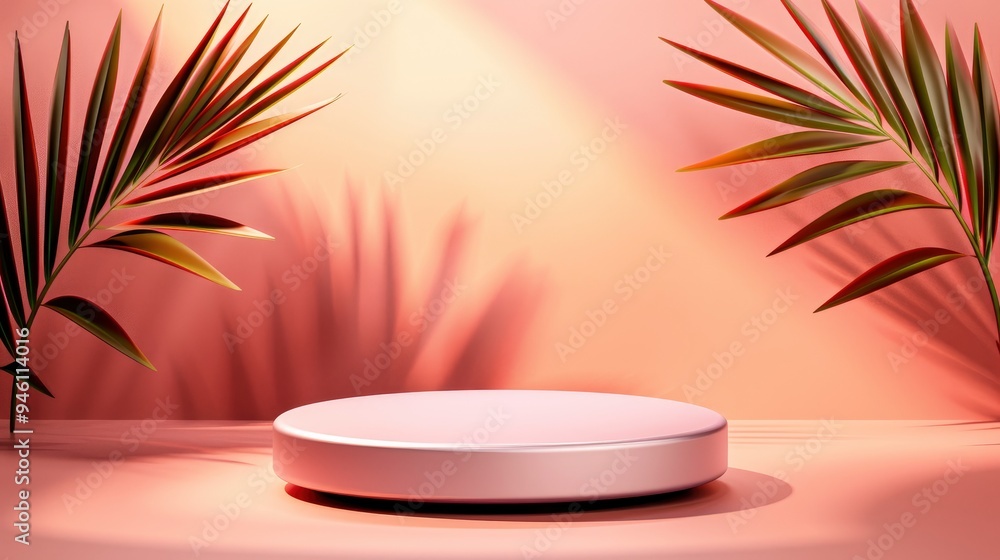 Minimalist Product Display with Palm Leaves and Pink Background Minimalist Product Display with Palm Leaves and Pink Background