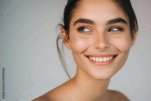 Young beautiful woman with clear and pure skin. Clean skincare wearing natural makeup. Perfect complexion, fresh and healthy. Smiling happy looking with perfect facial expression.