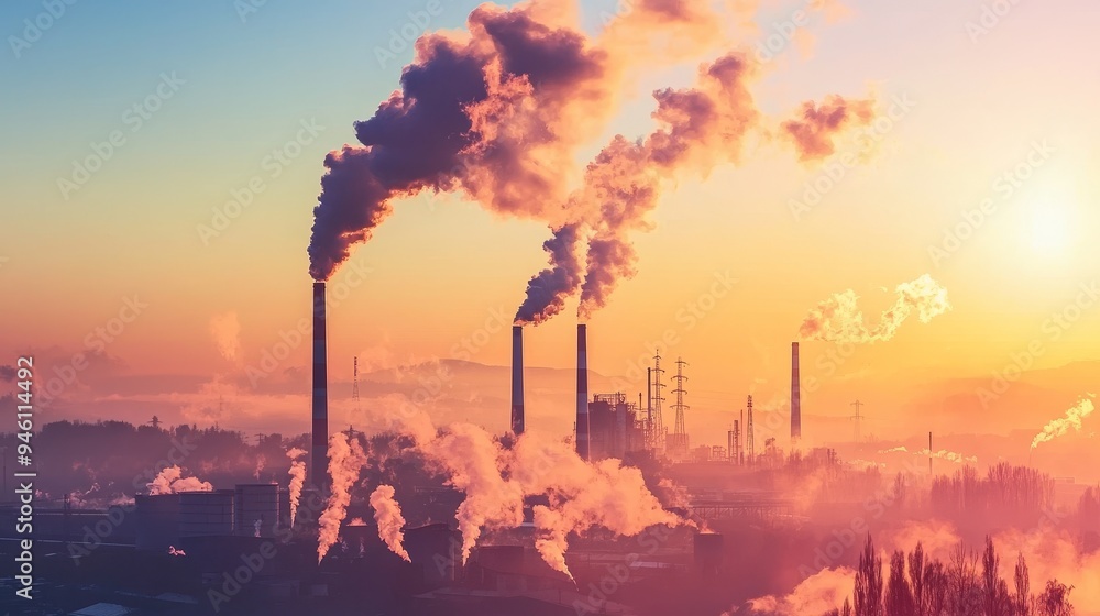 Smoking chimneys on a blue sky background. Factory releases CO2 into the atmosphere. Market concept for carbon trading. Atmospheric pollution and air pollution. Smoking chimneys on a blue sky background. Factory releases CO2 into the atmosphere. Market concept for carbon trading. Atmospheric pollution and air pollution.