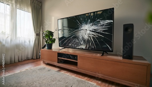 A broken television screen in the living room, material damage