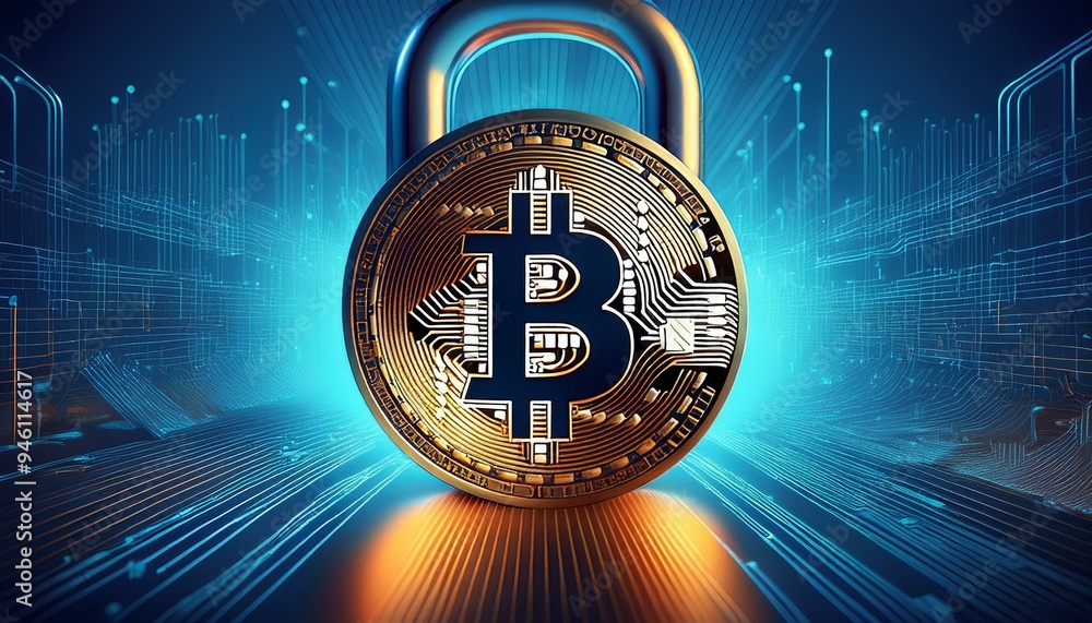 Bitcoin padlock, bitcoin security concept, blue background, Generative AI Bitcoin padlock, bitcoin security concept, blue background, Generative AI