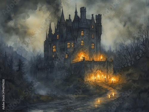 Mysterious castle, flickering candles, a hint of horror, eerie and romantic, Watercolor style