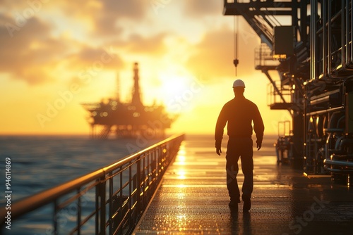 Oil rig workers walk to an oil and gas facility to work in the process area. photo