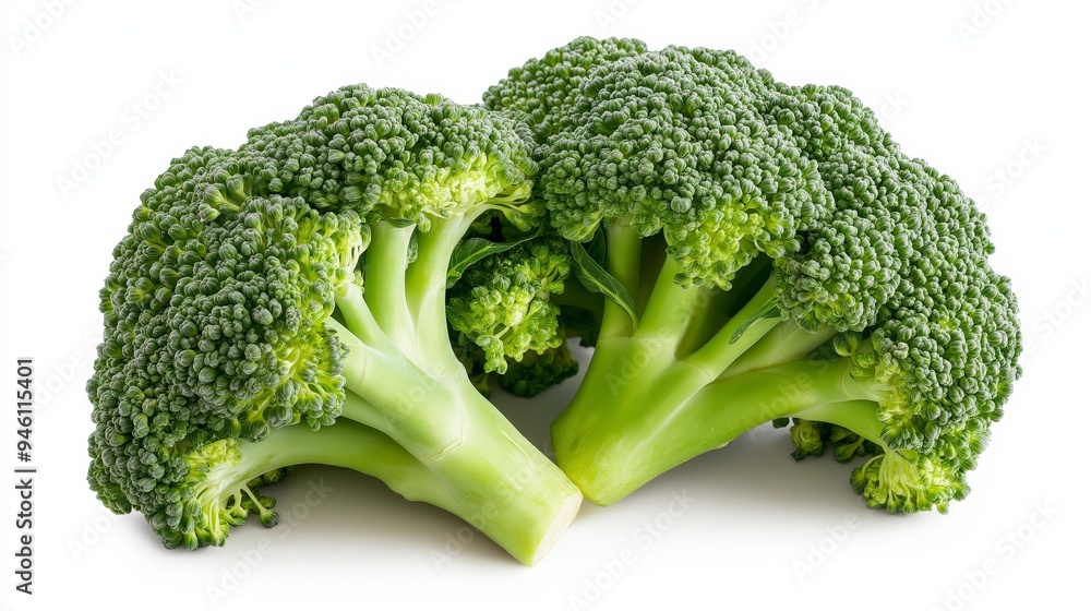 Two fresh broccoli heads on a white background, showcasing their vibrant green color. Two fresh broccoli heads on a white background, showcasing their vibrant green color.