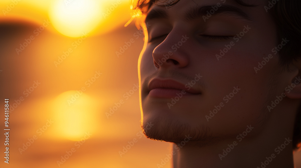 Close-up of a man with closed eyes, a slight smile on his face, basking in the warm golden light of a sunset, his skin glowing softly, capturing a moment of pure tranquility Close-up of a man with closed eyes, a slight smile on his face, basking in the warm golden light of a sunset, his skin glowing softly, capturing a moment of pure tranquility