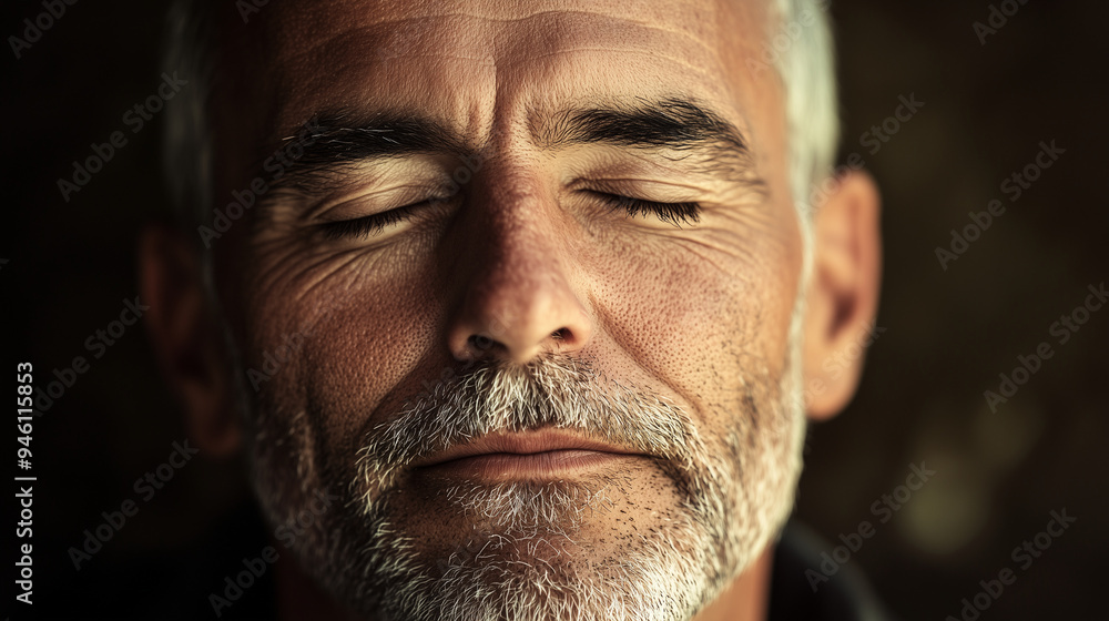 A man with closed eyes, relaxed expression, his face softly illuminated by natural light, subtle details of stubble and gentle wrinkles enhancing the sense of calm A man with closed eyes, relaxed expression, his face softly illuminated by natural light, subtle details of stubble and gentle wrinkles enhancing the sense of calm