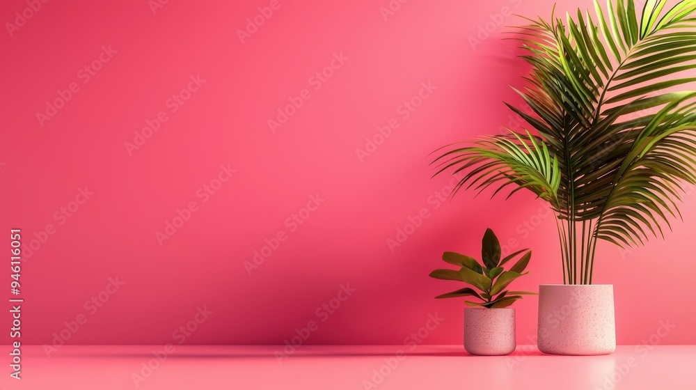 Minimalist Composition with Pink Background and Tropical Plant, Ideal for Calm and Serene Visual Projects Minimalist Composition with Pink Background and Tropical Plant, Ideal for Calm and Serene Visual Projects