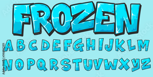ice alphabet font with examples of frozen writing in blue with a vector cartoon illustration style