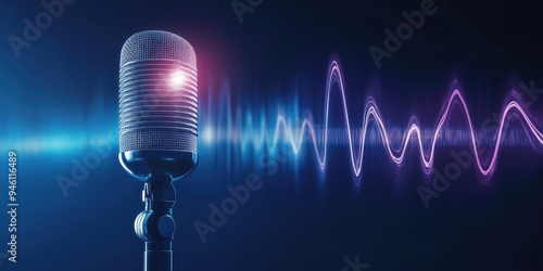 Microphone with abstract wave lines on blue background
