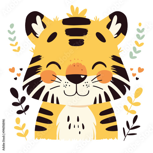 Cute tiger face, a simple flat illustration style with bright colors and a white background