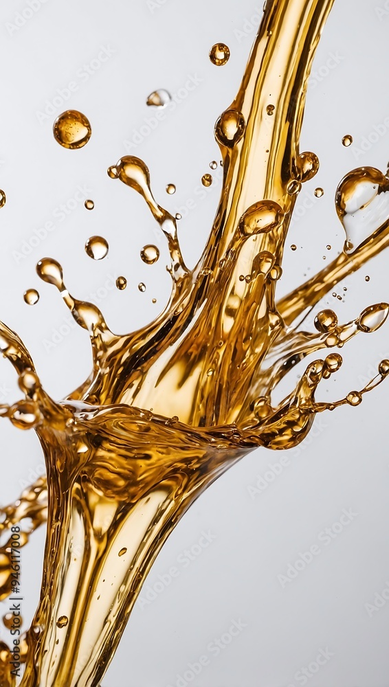 Golden liquid splash forming droplets against a white background Golden liquid splash forming droplets against a white background